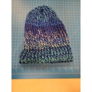 Hand Knit Beanie Hat Blue Blend Knitwear Winter Cap Headwear Accessory Unisex